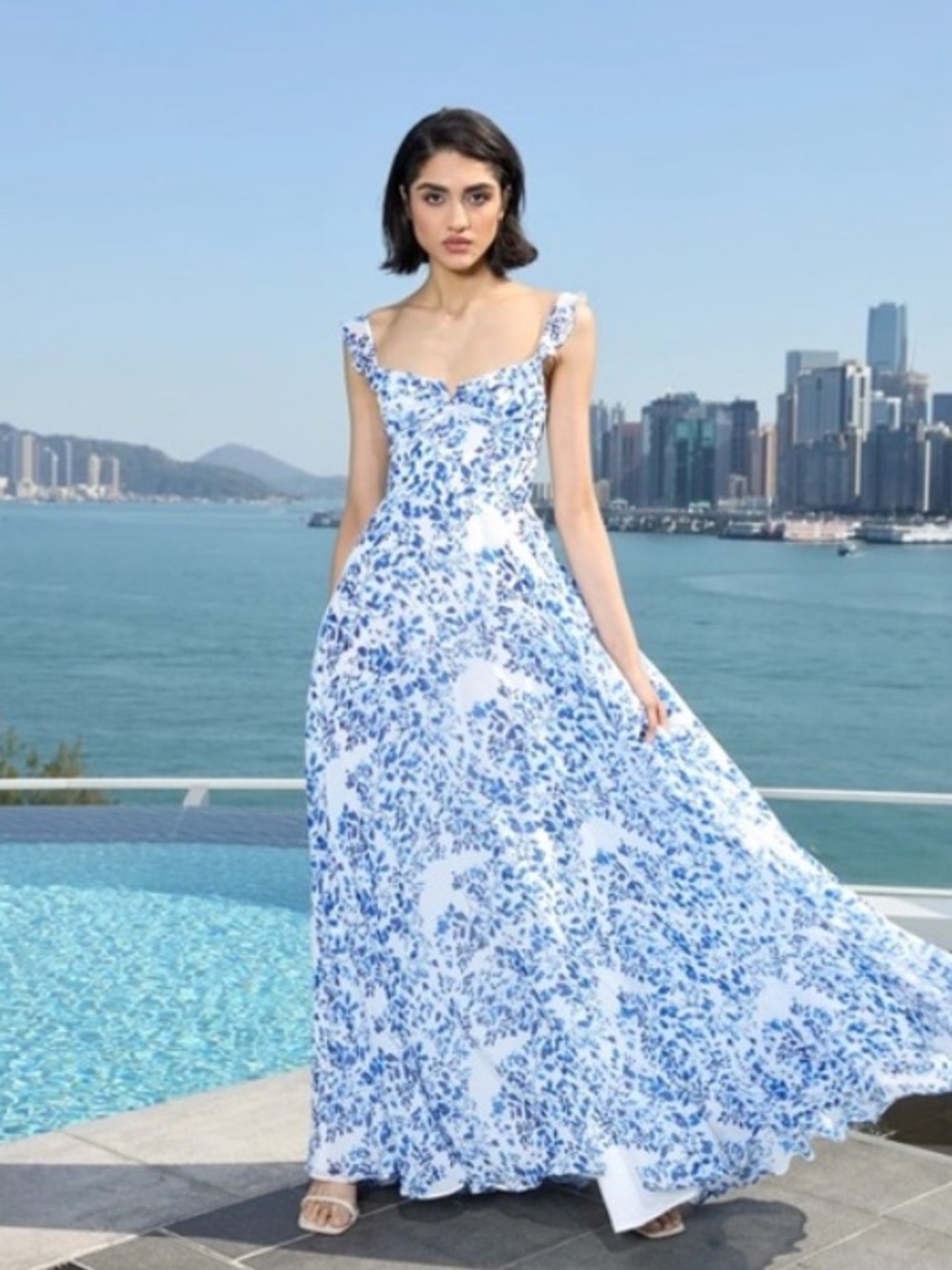 NWT Sau‎ Lee Womens Evangeline Blue Chiffon Printed Evening Dress Gown Size 10
